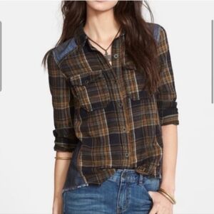 Free People Road Trip Getaway Brown Plaid Flannel Button Down Top